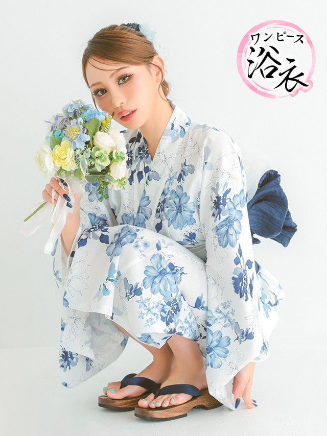 浴衣プチプラ3点セットワンピース2way水彩SWEET青