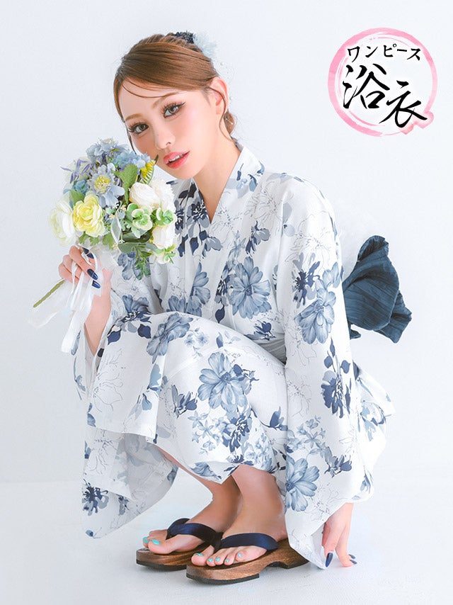 浴衣プチプラ3点セットワンピース2way水彩SWEET青
