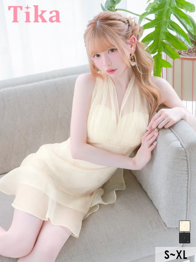 ミニ丈 キャバクラ クラブ ラウンジ ミニドレス ホルターネック 谷間 シースルー キラキラ ビジュー 背中魅せ チュール バックリボン クリーム XL Aライン キャバドレス