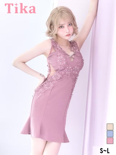 ミニ丈 キャバクラ クラブ ラウンジ ミニドレス 立体刺繍レース 谷間 ノースリーブ ウエスト透け くびれ 裾フリル タイト ピンク キャバドレス