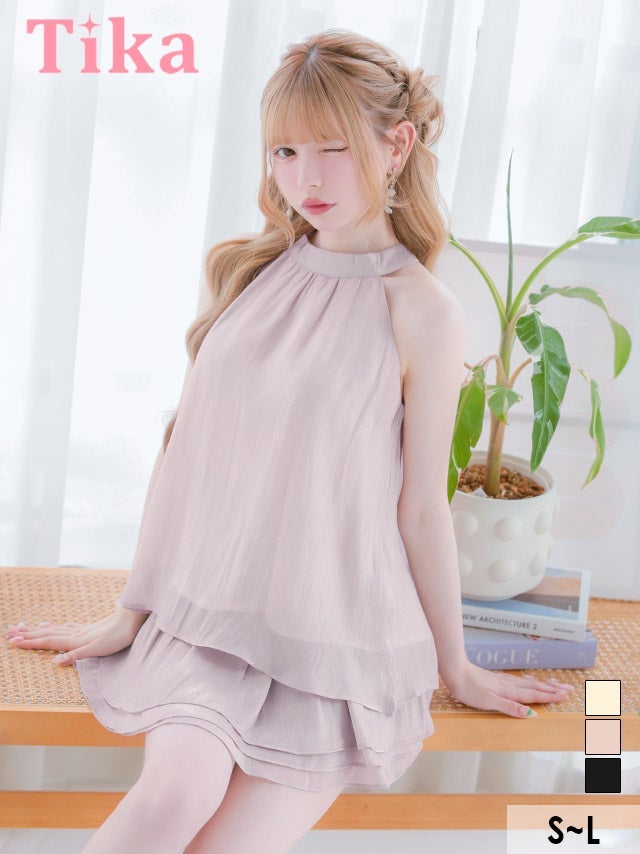 ミニ丈 キャバクラ クラブ ラウンジ ミニドレス セットアップ ワンピース 上品 ハイネック ホルターネック バックリボン ティアード 胸元カバー お腹カバー フリル シフォン 同伴 Aライン スモークピンク キャバドレス