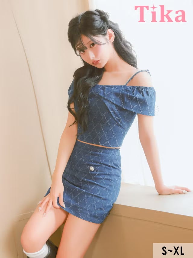 ミニ丈 キャバクラ クラブ ラウンジ ミニドレス セットアップ 肩あき リボン キルティング風 デニム ブルー XL タイト キャバドレス