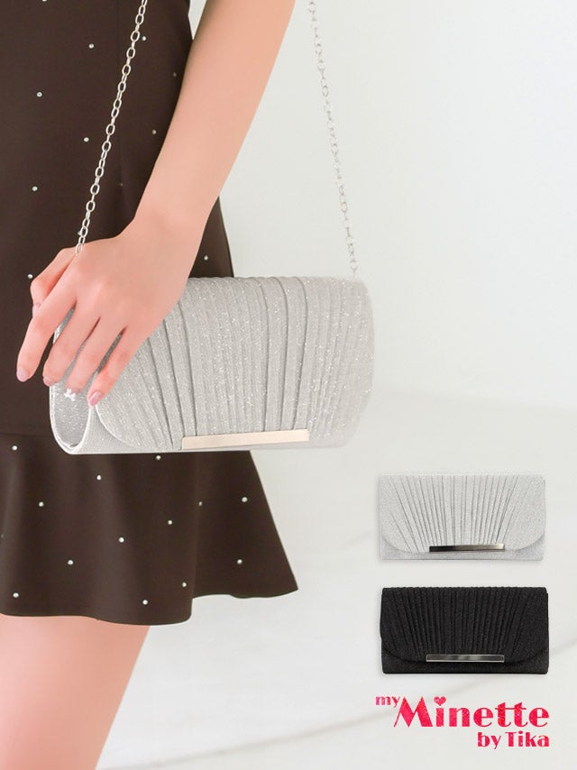 クラッチバッグ ショルダーバッグ プリーツ グリッターラメ メタルプレート チェーン 2Way