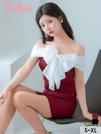 ミニ丈 キャバクラ クラブ ラウンジ ミニドレス オフショルダー シフォン ビッグリボン ドットビジュー ストレッチ ワインレッド XL タイト キャバドレス